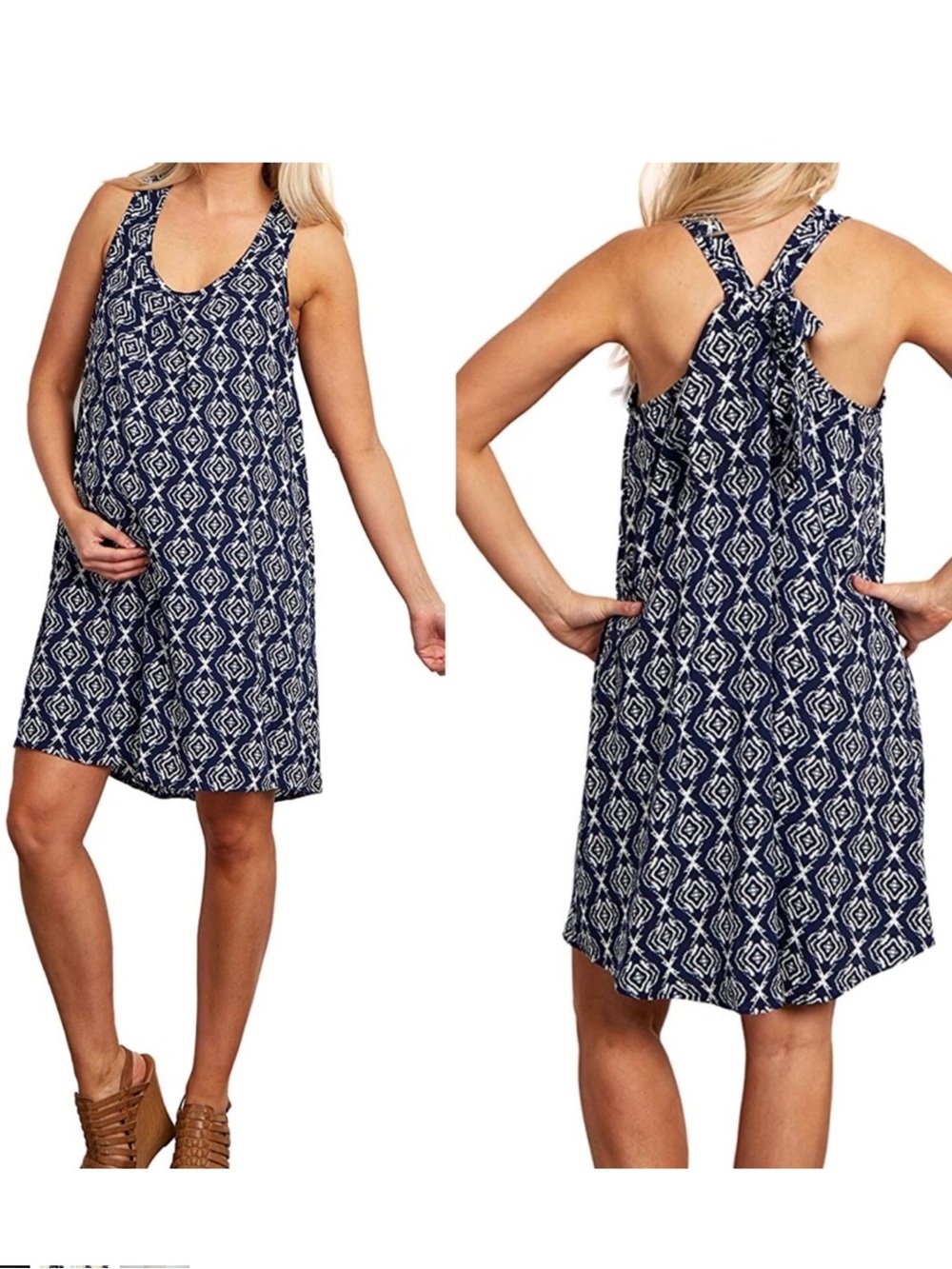 Pink Blush blue and white Ikat print sleeveless dress with back bow Size XL